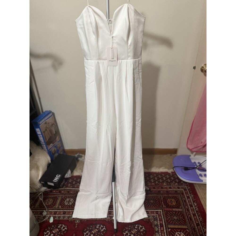 Amanda Uprichard White Sweetheart Neck Strappy Wide-Leg Zip Jumpsuit M Women